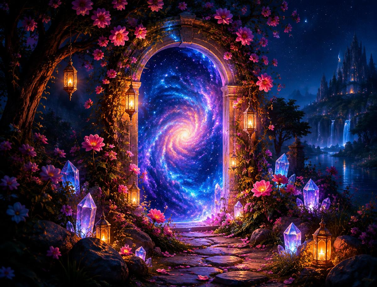 A luminous cosmic doorway in a flowering garden