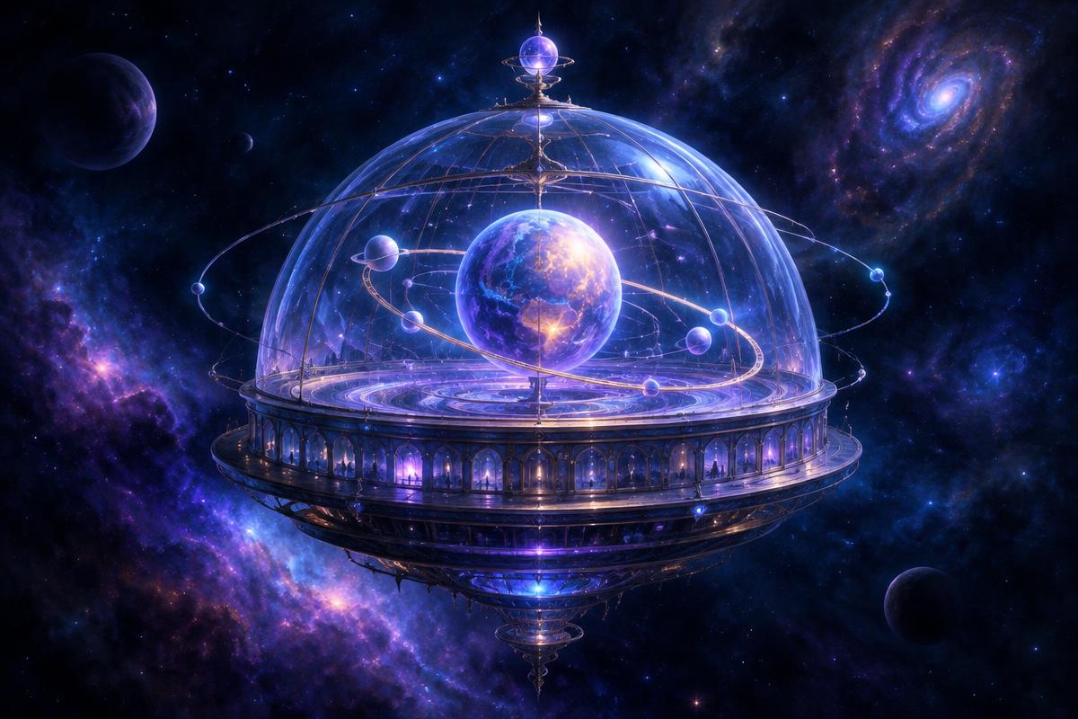 A glass observatory dome floating in space