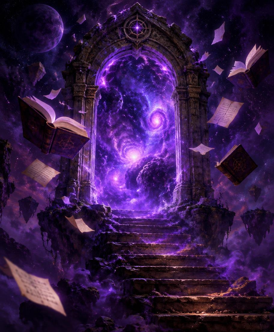 A glowing stone archway with floating books